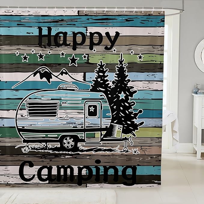 Feelyou Camper Shower Curtain Happy Camping Fabric Shower Curtain for Kids Boys Girls Wooden Rustic Style Bathroom Waterproof Accessories with 12 Hooks Rv Camping Curtains,72x72 Inches