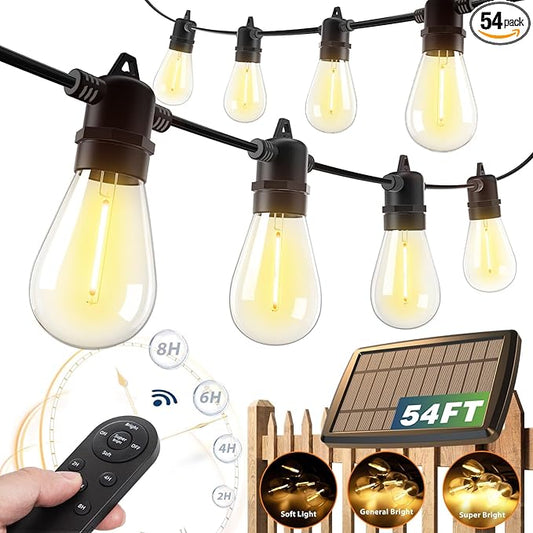 addlon 54FT Solar String Lights Outdoor Waterproof with USB Charging & Remote Control - Dimmable Solar Power Patio Lights with 26 LED Bulbs for Porch, Garden, Yard, Market, Bistro - Lasts 20+ Hrs