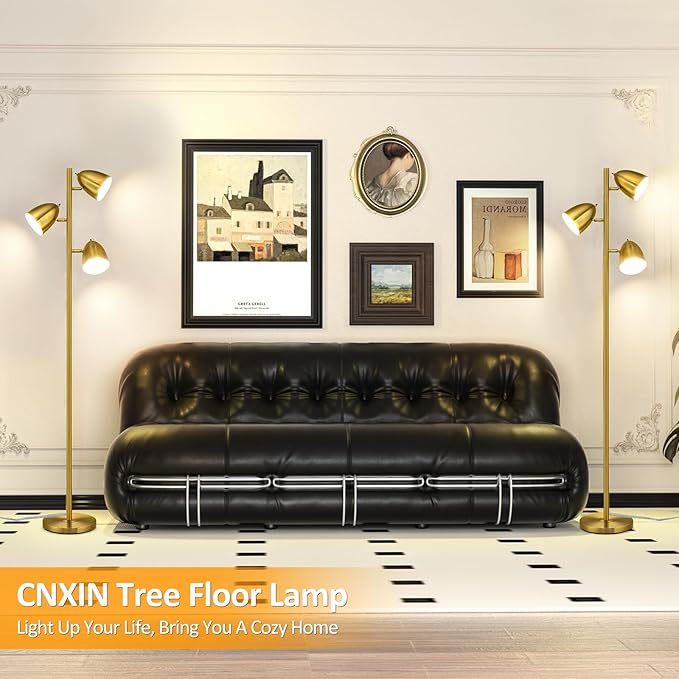 Tree Floor Lamp with 3 Light Bulbs Standing Tall Pole Lamps with Adjustable Metal Heads 65"Reading Stand up Lamps with E26 Base Modern Floor Lamps for Living Rooms, Bedrooms, Home, Office(Gold)