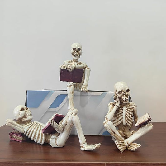 3 Psc Reading Skeleton Statue Gothic Horror Decor for Bookshelf and Desk Resin Figurine Halloween Decoration
