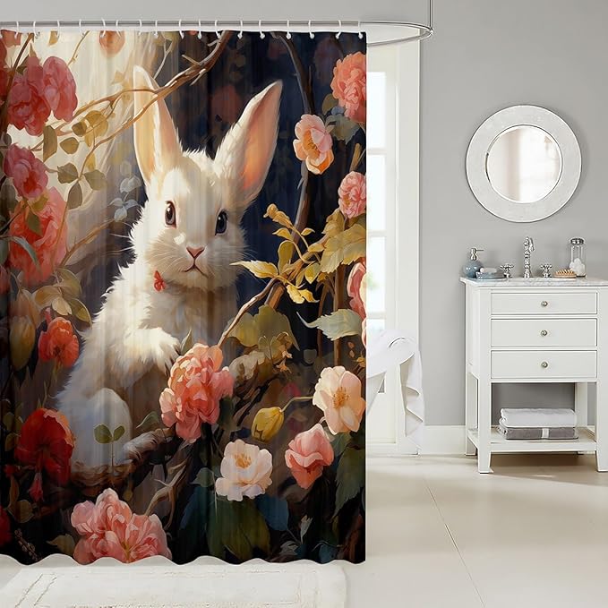 Feelyou Cute Rabbit Fabric Shower Curtain Cute Bunny Shower Curtain for Boys Girls 3D Print Bathroom Waterproof Accessories with 12 Hooks Pink Flower Curtains,72x72 Inches