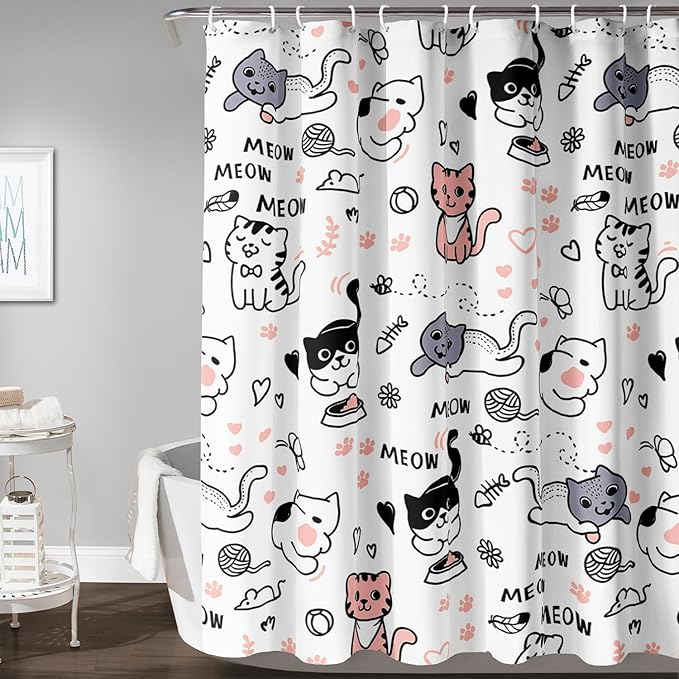 AILONEN Cat Shower Curtain, Cute Cat Cartoon Pet Cat Kitten Bathroom Curtain,Cat Paw Print Cat Lover Bath Curtain 36" W*72" H Polyester Waterproof Bathroom Curtain with 12 Hooks