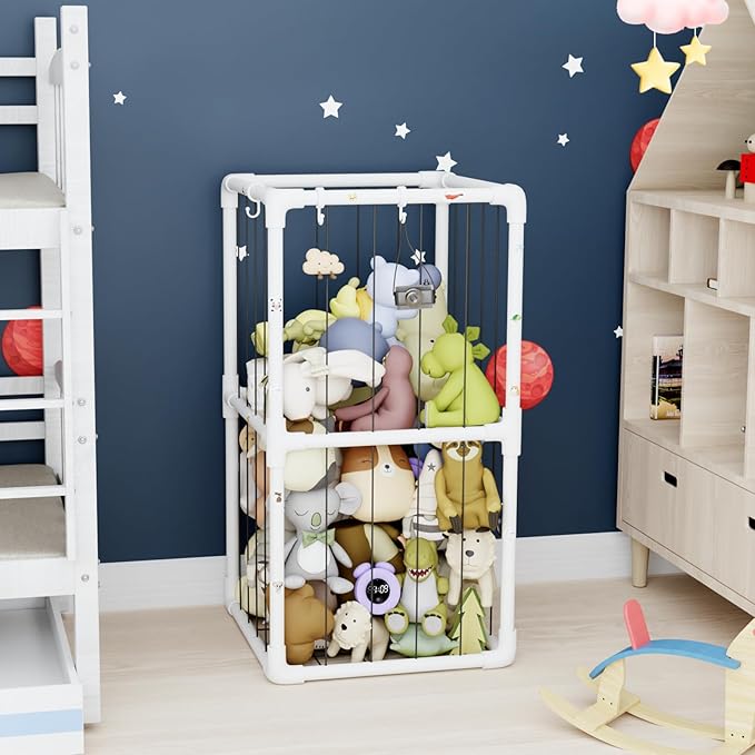 Plush Stuffed Animal Storage Zoo Holder Standing, Kids Toy Storage Organizer Shelves Basket with Nets for Stuffed Animals, Play Room Decor Corner Toy Box Storage. (Thicker Tube)
