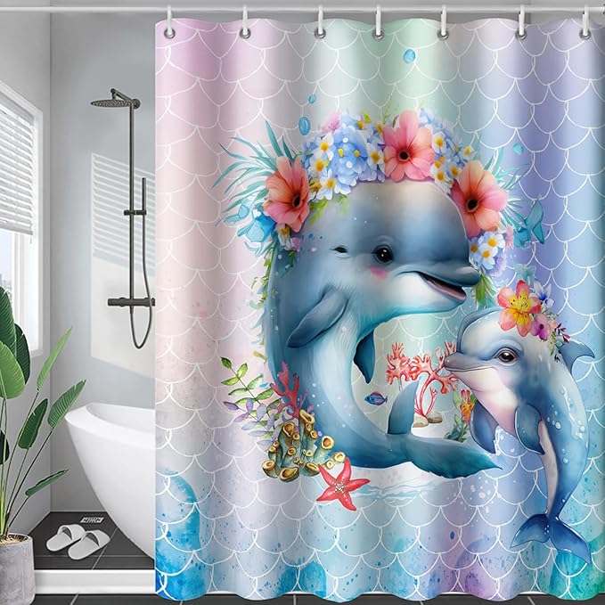 AILONEN Cute Dolphin Shower Curtain,Color Mermaid Scale Print Shower Curtain with 12 Plastic Hooks,Kawaii Ocean Dolphin Print Bath Curtain Decorative Waterproof 60" W*72" H
