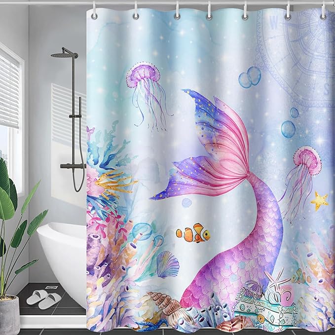 AILONEN Mermaid Shower Curtain,Blue Ocean Coral Jellyfish Coast Bathroom Curtain,Cartoon Mermaid Tail Print Kids Women Girls Bath Curtain 72" W*78" H Polyester Waterproof Shower Curtain with 12 Hooks