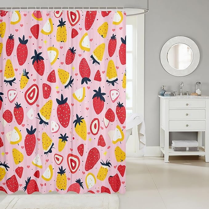 Feelyou Strawberry Fabric Shower Curtain Colour Shower Curtain for Kids Boys Girls Tropical Fruit Print Bathroom Waterproof Accessories with 12 Hooks Fresh Pineapple Pattern Curtains,72x84 Inches