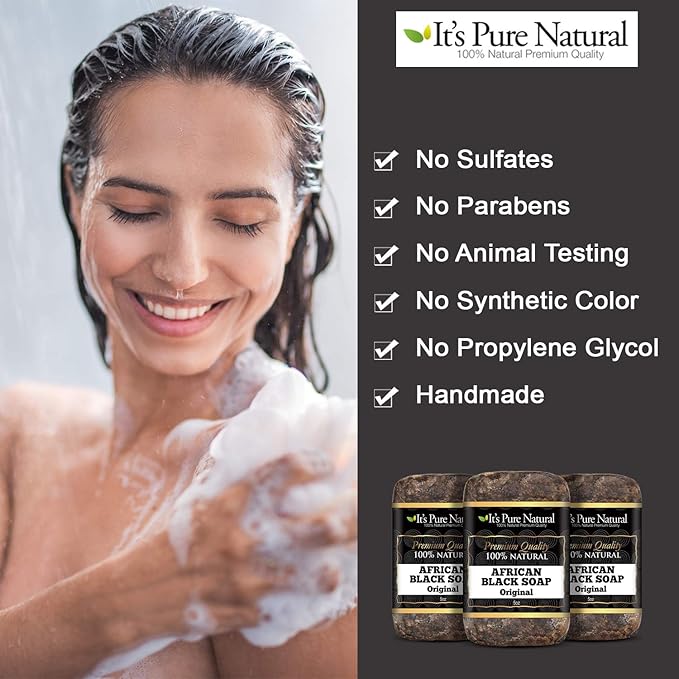 It's Pure Natural African Black Soap Bars Original (Pack of 3) Organic Raw Soap for Face & Body, Acne Treatment & Dark Spot Remover [Made in Ghana]