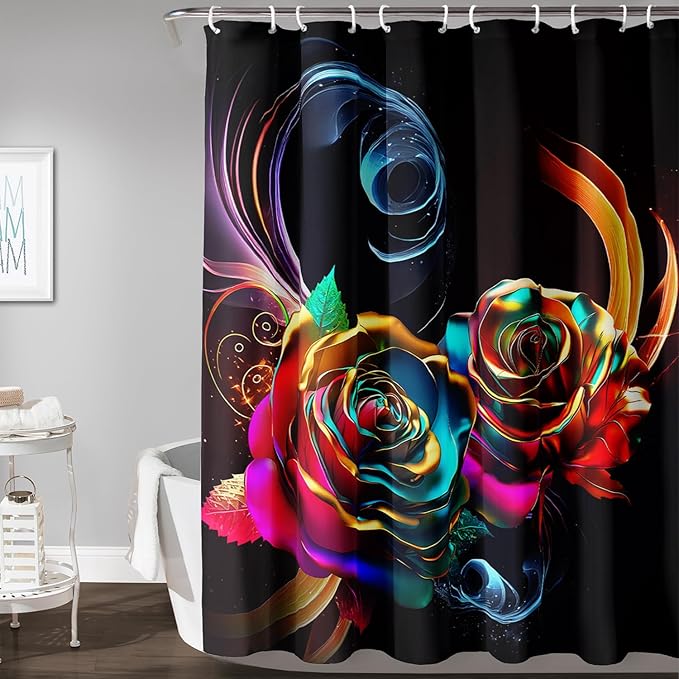 AILONEN Gold Rose Flower Shower Curtain for Kids Girls Teens,Butterfly Rose Flower Bath Curtain for Bathroom Decor,Romantic Polyester Waterproof with 12 Plastic Hooks 72" W*84" H