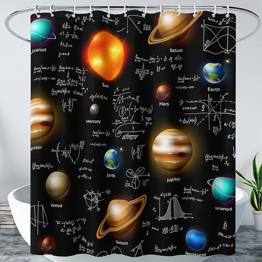 AILONEN Solar System Shower Curtain,Math Galaxy Planet Bath Curtain for Bathroom Decor,Polyester Waterproof with Plastic Hooks 36" W*72" H