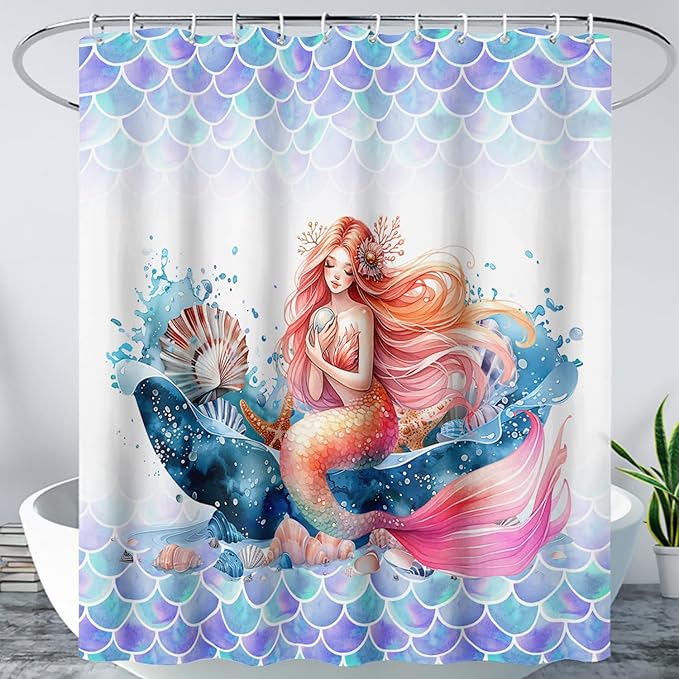 AILONEN Mermaid Shower Curtain,Watercolor Whale and Mermaid Bath Curtain,Beautiful Mermaid Princess Shower Curtain Ocean Fish Scale Print Curtain Waterproof with 12 Plastic Hooks, 72" W*96" H