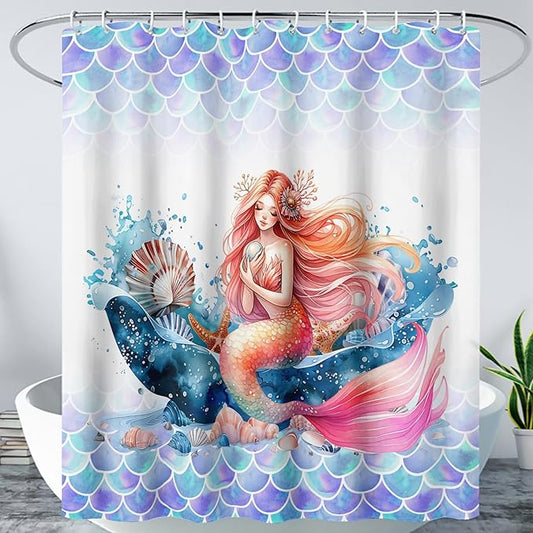 AILONEN Mermaid Shower Curtain,Watercolor Whale and Mermaid Bath Curtain,Beautiful Mermaid Princess Shower Curtain Ocean Fish Scale Print Curtain Waterproof with 12 Plastic Hooks, 48" W*72" H