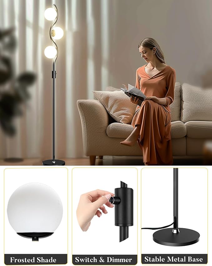 60IN Dimmable (Brightness Adjustable) Black Floor Lamp, Modern Standing Lamps with 3 Globe Soft Warm White 3000K Bulbs, Mid Century Floor Lamp for Living Room Bedroom Home Decor