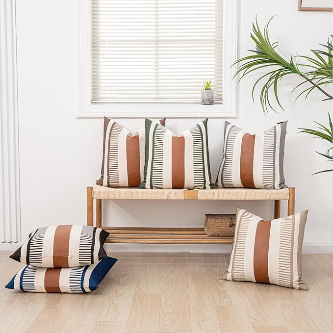 Farmhouse Stripe Pillow Cover 18x18 Boho Accent Cushion Case Faux Leather Decorative Pillowcase,Black and Beige (Cover ONLY, Pack of 1)