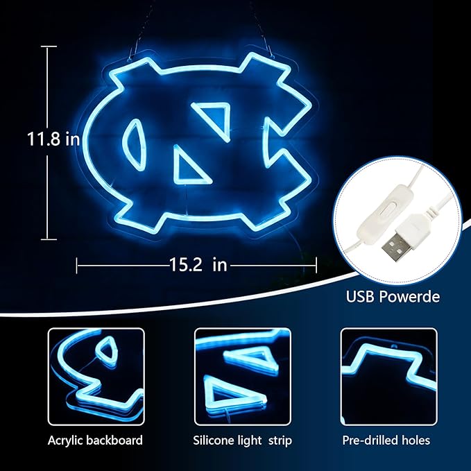 North Carolina Tar Heels Football Neon Signs for Wall Decor，Rugby Football Neon Lights for Bedroom LED Signs Suitable for Man Cave，5V Power Adapter 12 * 15Inch(sky blue)
