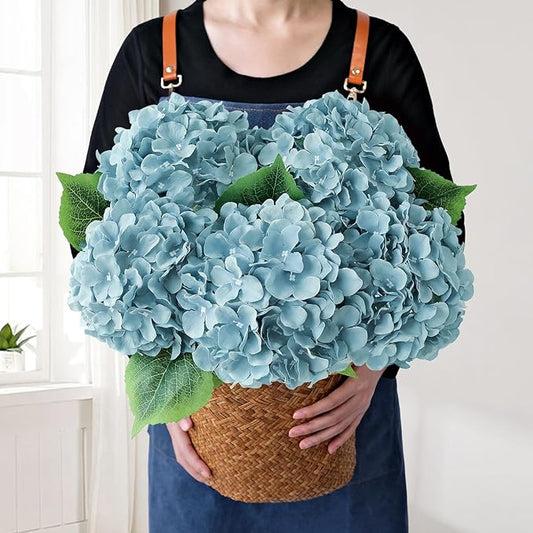 Grey Blue Large Lifelike Silk Artificial Hydrangeas, 5Pcs 20Inch Full Fake Flowers for Bouquet Table Centerpieces Wedding Indoor Home Outdoor Baby Showers Decoration