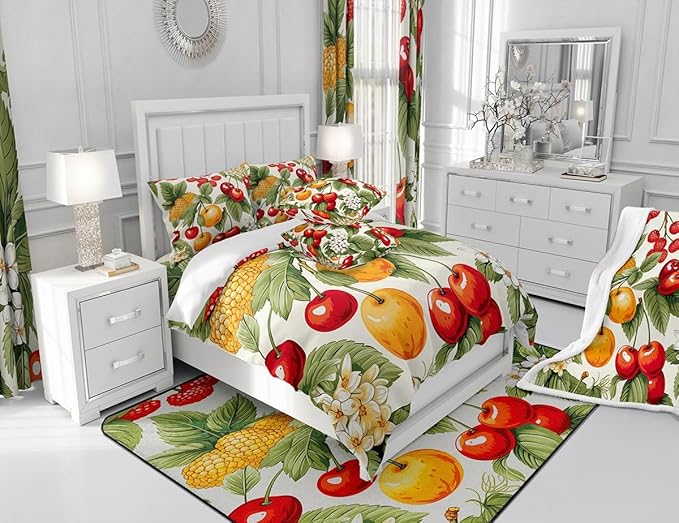 Feelyou Cherry Orange Shower Curtain Fruit Fabric Shower Curtain for Kids Boys Girls Summer Theme Bathroom Waterproof Accessories with 12 Hooks Bright Colorful Curtains,72x84 Inches