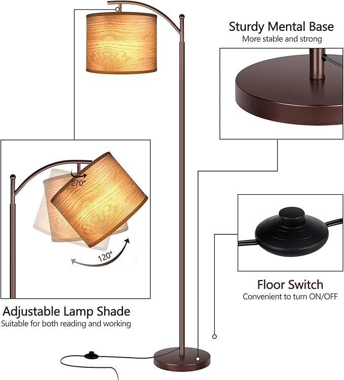 ROTTOGOON Floor Lamp for Living Room, LED Standing Lamp with Wood Pattern Lamp Shade Tall Industrial Floor Lamp Reading for Bedroom, Office (9W LED Bulb Included) - (Oil-Rubbed Bronze)