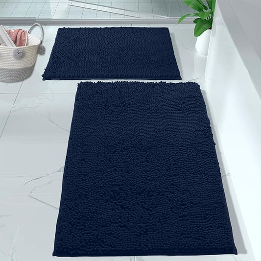 LuxUrux 2 Piece Bathroom Rug Set - Premium Plush Bath Mat Shower Rugs, 1" Chenille Microfiber, Non-Slip & Absorbent, Soft & Cozy, Durable Stylish (20x30 & 16x24 inches, Navy)