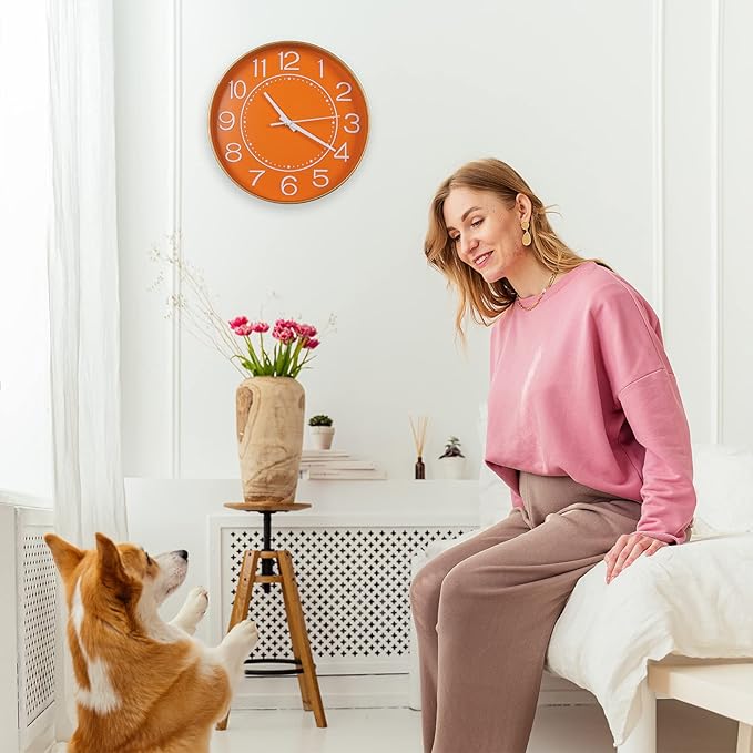 HZDHCLH Small Wall Clocks Battery Operated,Quartz Movement,Silent Non Ticking Modern Wall Clock for Living Room Bedroom Kitchen Office School Classroom Decor(10 inch,Orange & Gold)