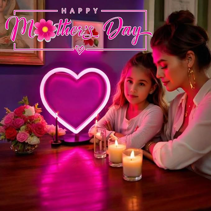 Pink Heart Neon Sign, Battery Operated or USB Powered Mothers Day Lights, LED Decorative Lamp, Table and Wall Decoration for Galentines Day, Wedding Anniversary, Girl's Room Party Birthday Home Décor