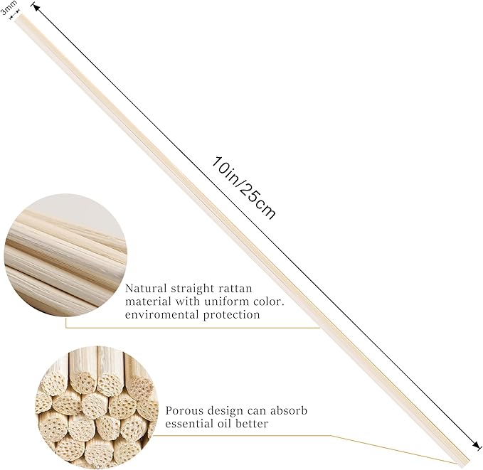 VFULIE 100PCS Reed Diffuser Sticks, 10 Inch Natural Rattan Wood Sticks Essential Oil Aroma Diffuser Sticks Refill Replacement for Aroma Fragrance (Brown)