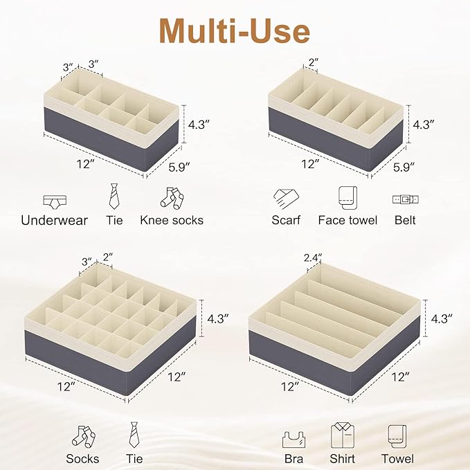 Drawer Organizer Divider, Foldable Closet Storage Organizer Basket, and Fabric Organization Bins for Clothes, Socks, Underwear, Bras, Ties, Accessories, 8 Pcs (Beige & Dark Grey)