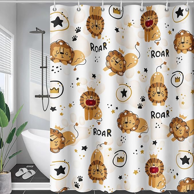 AILONEN Cute Lion Shower Curtain for Bathroom, Children Kwwaii Animal Bathroom Curtain Decor,Printed Bath Curtain for Boys Girls 48" W*72" H Polyester Waterproof Bathroom Curtain with 12 Hooks