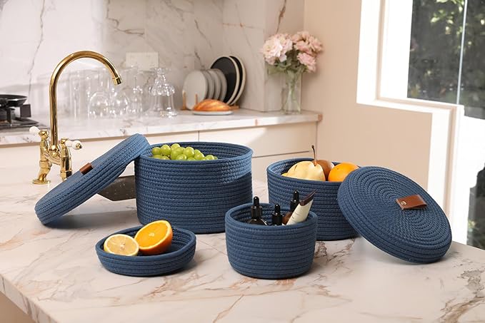 Cottonphant Set of 3 Stylish Round Woven Baskets with Lids - Elegant Storage Solution for Home Decor and Organization - Compact Shelf Baskets (Dark Blue, 10"x6"-8"x5"-6"x4")