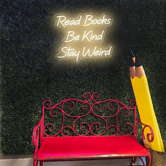 Read Books Be Kind Stay Weird Neon Sign, 15”x13”USB Powered Read Books Neon Signs for Wall Decor Dimmable, Neon Light Sign for Classroom Reading Room Bookstore, Warm White