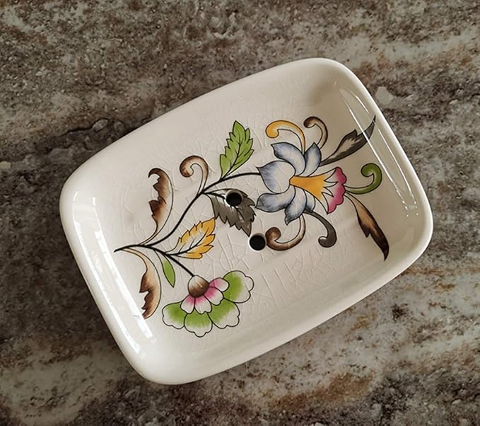 Ceramic Soap Dish Creative Ice Crack Ceramic Clorful Flower Pattern Soap Dish Holder for Bathroom and Shower Soap Tray Box with Drain Gift for Mum Family