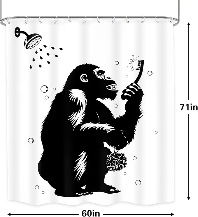 LGhtyro Funny Monkey Shower Curtain Bathroom Set 60Wx71H Inches Black White Animal Chimpanzee Bathing Wildlife Hilarious Modern Cool Bath Accessories for Boys Men Art Home Decor Fabric 12 Pack Hooks