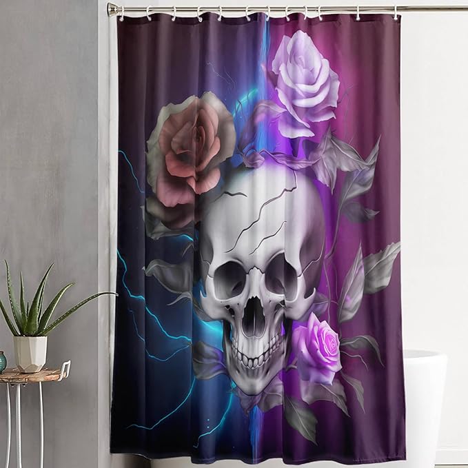 AILONEN 3D Skull Shower Curtain,Purple Rose with Skeleton Design Shower Curtain Set with Hooks for Boys Girls Teens,Gothic Skull with Light Waterproof Fabric Shower Curtain for Bathroom,72" W*96" H