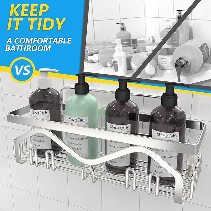 Coraje Shower Caddy, Shower Shelves [5-Pack], Adhesive Shower Organizer No Drilling, Large Capacity, Rustproof Stainless Steel Bathroom Shower Organizer, Shower Shelf for Inside Shower (Silver)