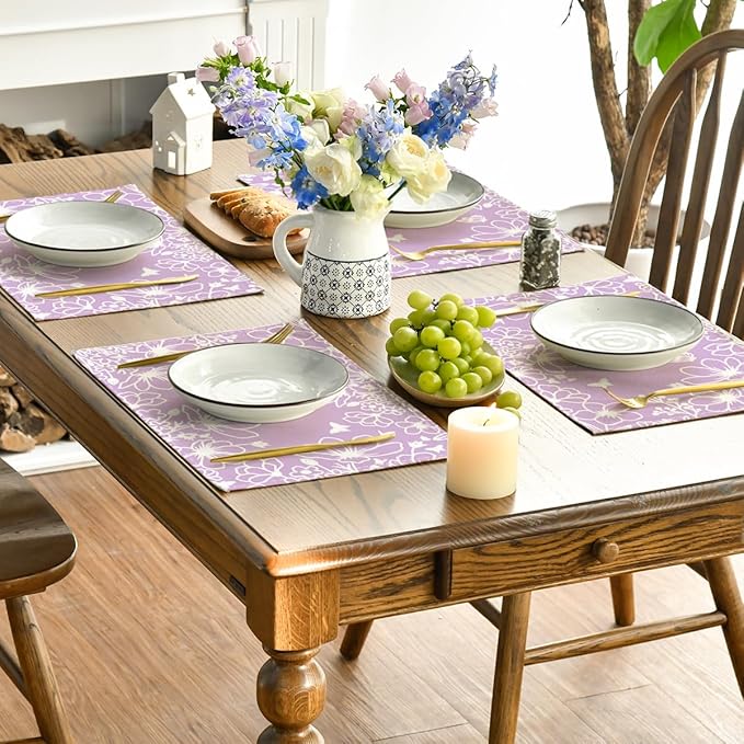 Artoid Mode Purple Flowers Floral Butterflies Spring Placemats Set of 4, 12x18 Inch Seasonal Table Mats Party Kitchen Dining Decoration