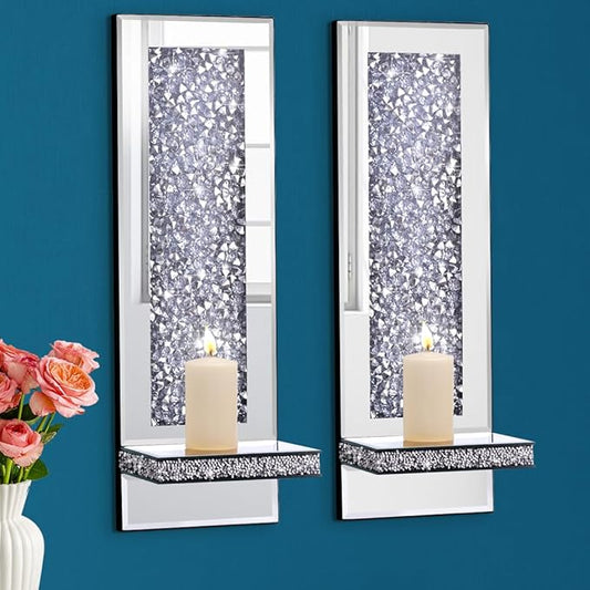 Crystal Crush Diamond Mirrored Candle Sconces, Silver Wall Candle Holder Set of 2, Wall Decorations for Living Room，Dining Room (Rectangle (Style 4))