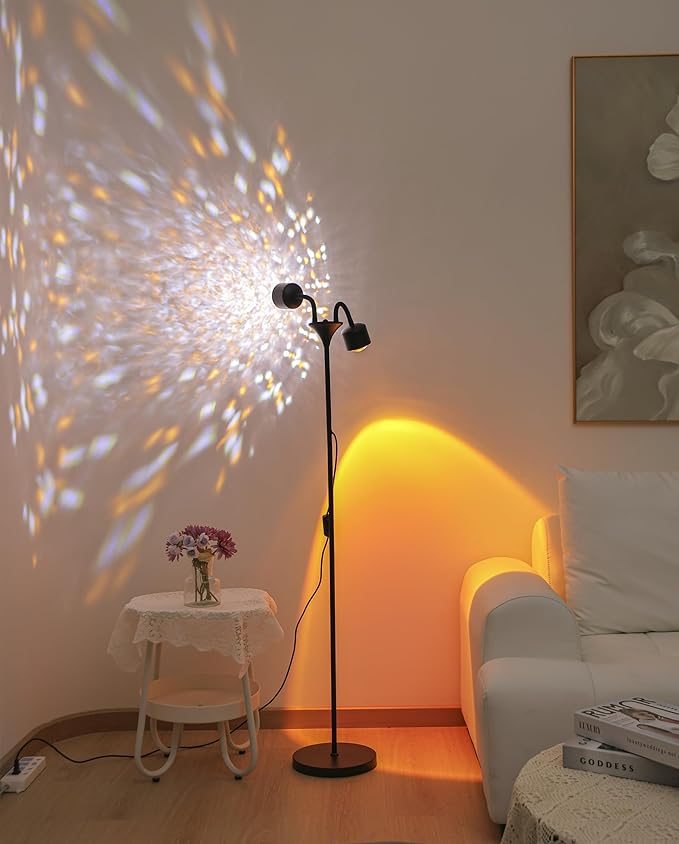 Sunset Floor Lamp Projector with 3D Ocean Wave, Colors Changing, Double headed RGB sunset light Double Side Lighting,Creative DIY Mode, 360° Rotation Atmosphere Lamp for Bedroom mood lighting black