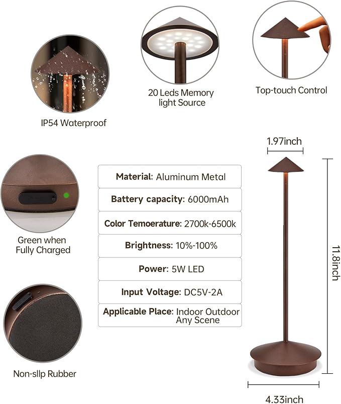 Portable Cordless Table Lamp Modern Led Desk Lamp Rechargeable 2 Pack, 6000mAh Battery Table Light for Dinning Patio Bedroom Camping Coffee shop Restaurant, IP54 Waterproof, Dimmable 3 Light Color