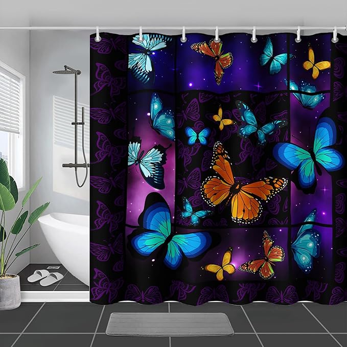 AILONEN Colorful Butterfly Shower Curtain,Animal Shower Curtain 36" W*72" H for Bathroom Decor,Mystic Purple Galaxy Butterfly Modern Shower Curtain Waterproof Bath Curtain with Grommets and 12 Hooks