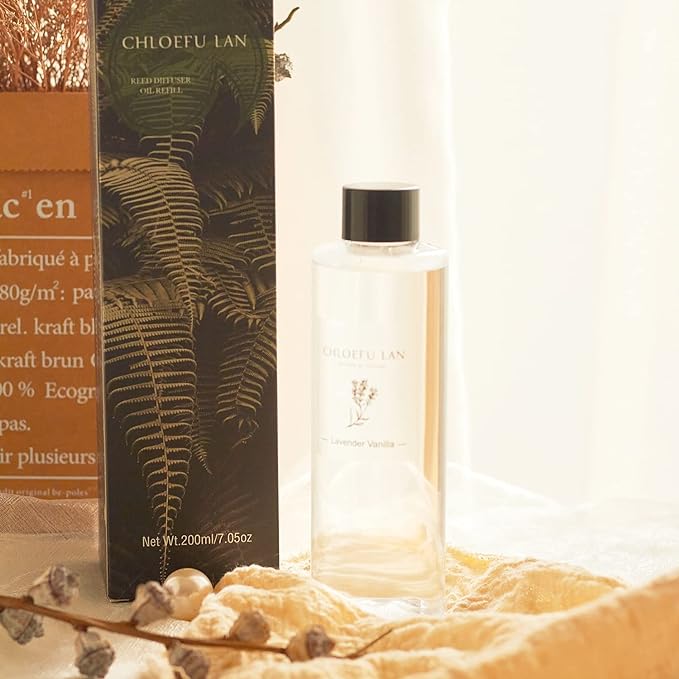 Chloefu LAN Gardenia Reéd Diffuser Refill 200ml/6.76 fl oz, Natural Essential Scented Oil, Best for Aromatherapy, SPA and Home, 0% Alcohol, A Fresh Clean Scent, Free Set of Diffuser Sticks