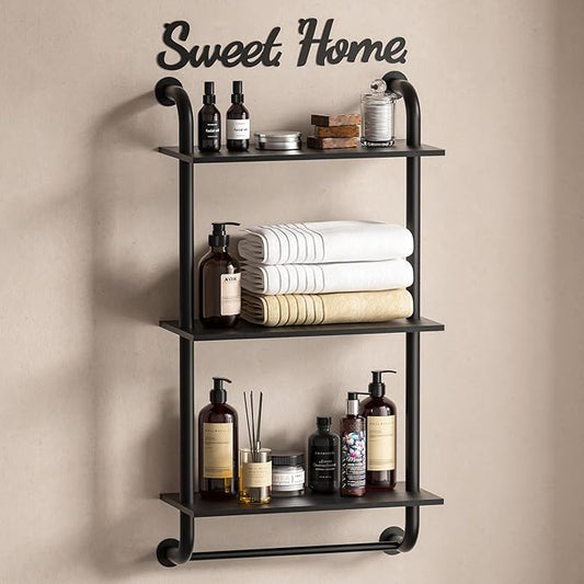 Rustic Farmhouse 3-Tier Wall Mounted Pipe Shelves, Industrial Floating Shelf Decor for Bathroom, Kitchen, Bedroom, Living Room - 17.3in Black