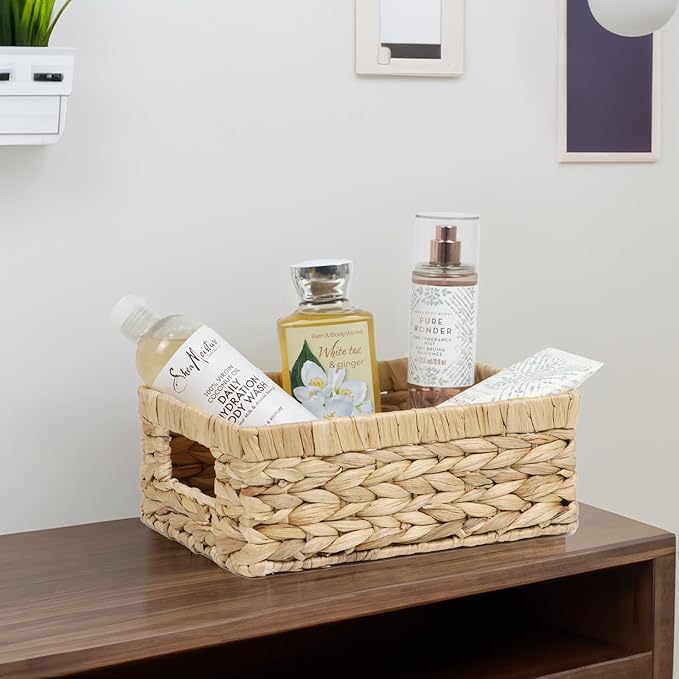 Wicker Baskets, Water Hyacinth Baskets for Organizing, Rattan Woven Basket for Storage, Organizer Bins with Built-in Handles, Storage Basket for Shelves (Small)