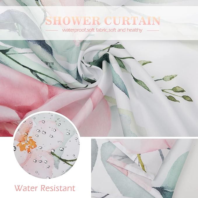Floral Shower Curtain for Bathroom - Watercolor Pink Rose Flower Eucalyptus Leaves Fabric Shower Curtains Set with 12 Hooks Bathroom Decor Accessories, 72"x72"