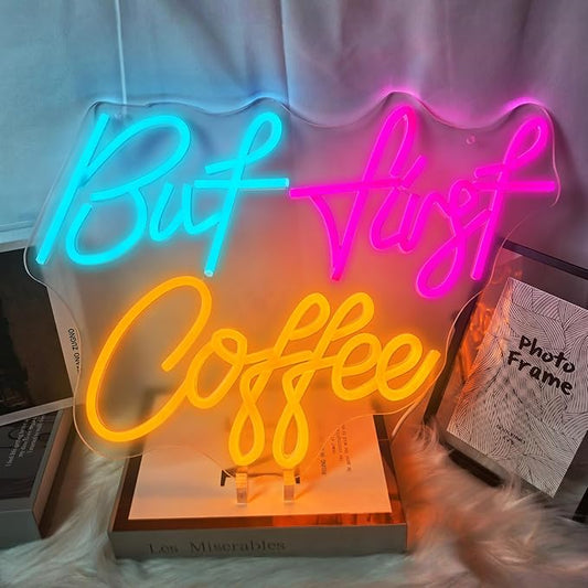 But First Coffee Neon Sign, Light Up USB Powered Dimmable Sign for Cafe Bar, Shop, Station Kitchen Home Bar Wall Decor, 16.14 * 11.81 Inch