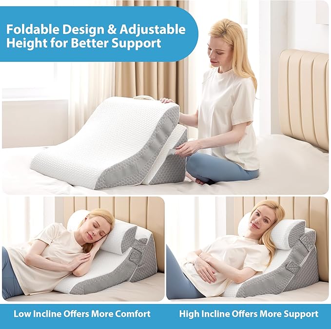 3PCS Bed Wedge Pillow for Sleeping, Adjustable Memory Foam Wedge Pillow for Back Leg Pain Relief, 23” Wide Triangle Pillow Wedge for Post Surgery, Acid Reflux, GERD & Snoring, White/Grey