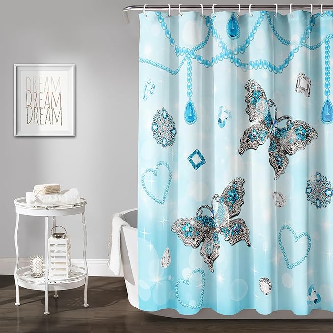 AILONEN Girls Butterfly Shower Curtain 60" W*72" H Blue Butterfly Women Teen Girls Bathroom Curtain,Metal Butterfly Pattern Curtain Polyester Waterproof Butterfly Bathroom Curtain with 12 Hooks