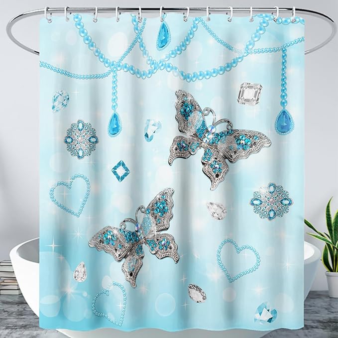 AILONEN Girls Butterfly Shower Curtain 72" W*84" H Blue Butterfly Women Teen Girls Bathroom Curtain,Metal Butterfly Pattern Curtain Polyester Waterproof Butterfly Bathroom Curtain with 12 Hooks