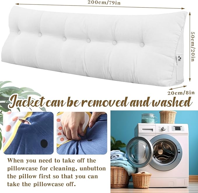 Wenqik Wedge Pillow Triangular Dorm Headboard Bed Rest Reading Backrest Back Support Long Bolster Pillow with Removable Cover for Dorm Room Supplies(White,King (79 x 20 x 8 Inch))