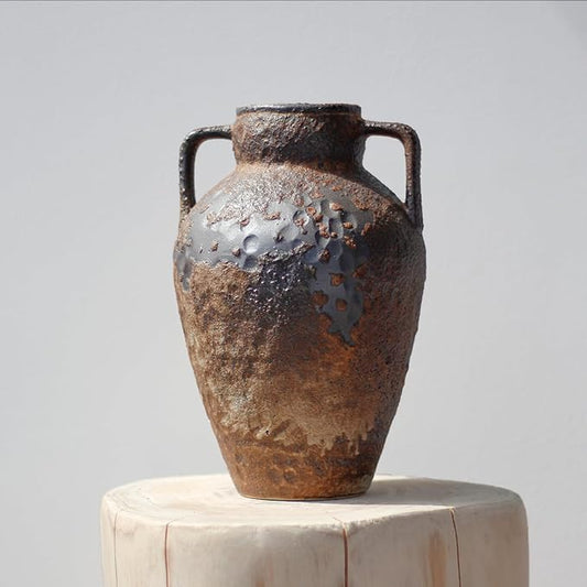 Ceramic Rustic Farmhouse Vase with 2 Handles, Brown 10" Vintage Distressed Clay Flower Vase, Pottery Terracotta Handmade Decor for Home Living Room Table Centerpiece