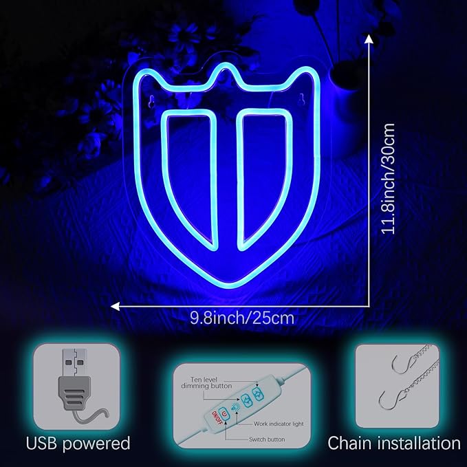 FF14 Paladin Neon Sign for Wall Decor, Shield Neon Light for Game Room, Bedroom, Man Cave, Birthday Decorations, Fans Gifts, Collection, USB Powered, Blue, 11.8"x 9.8"