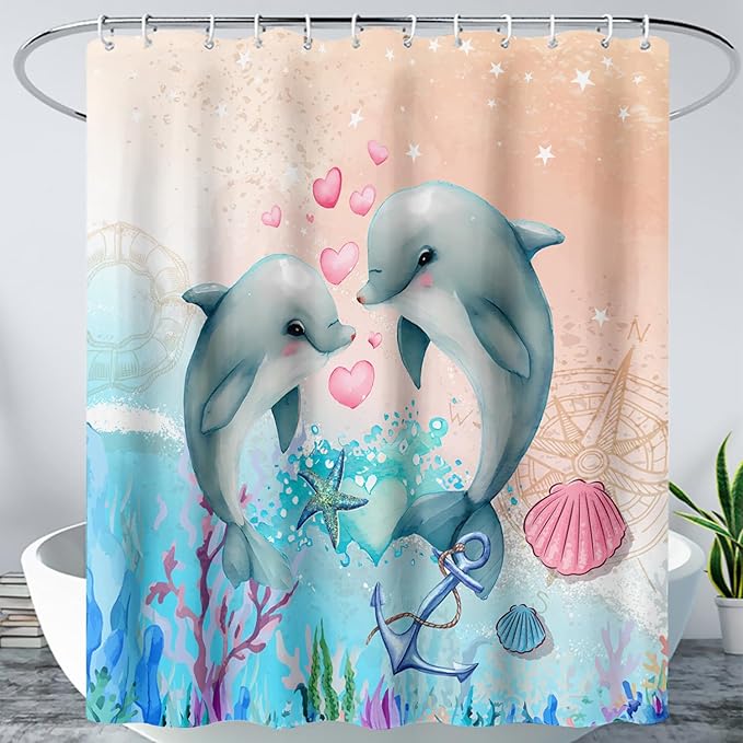 AILONEN Catrtoon Dolphin Shower Curtain Bathroom 48" W*72" H Kawaii Jumping Dolphin Curtain Cloth Fabric Bathroom for Kids Girls,Ocean Theme Shower Curtain Set